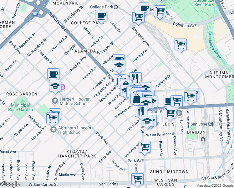 map of restaurants, bars, coffee shops, grocery stores, and more near 1140 Magnolia Avenue in San Jose
