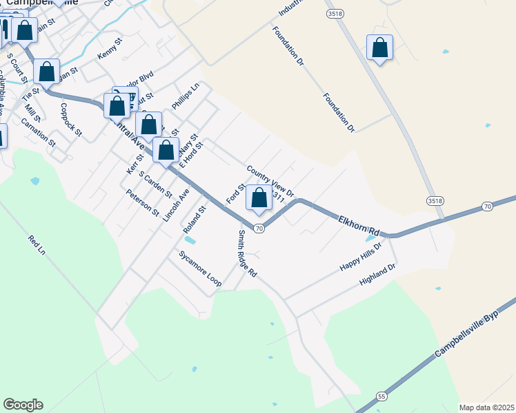 map of restaurants, bars, coffee shops, grocery stores, and more near 117 Watson Court in Campbellsville