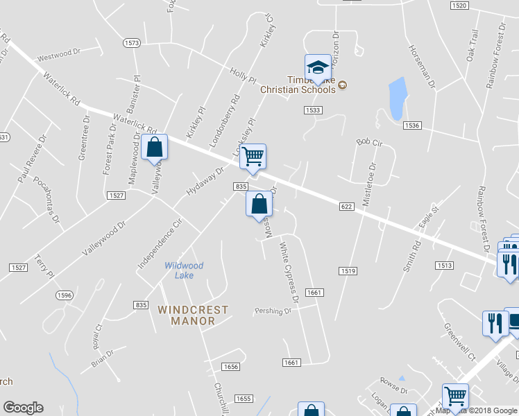 map of restaurants, bars, coffee shops, grocery stores, and more near 102 Moss Creek Drive in Forest