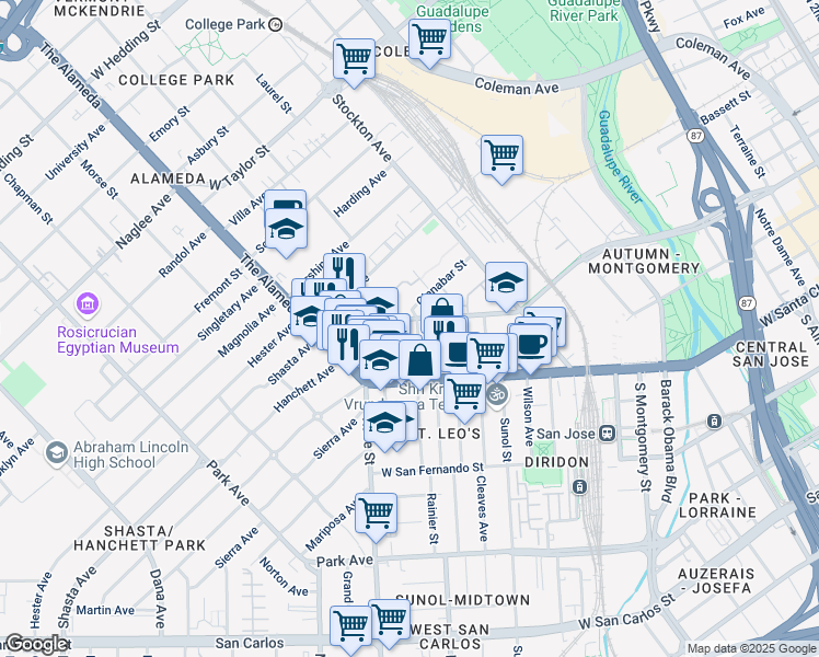 map of restaurants, bars, coffee shops, grocery stores, and more near 73 North Keeble Avenue in San Jose