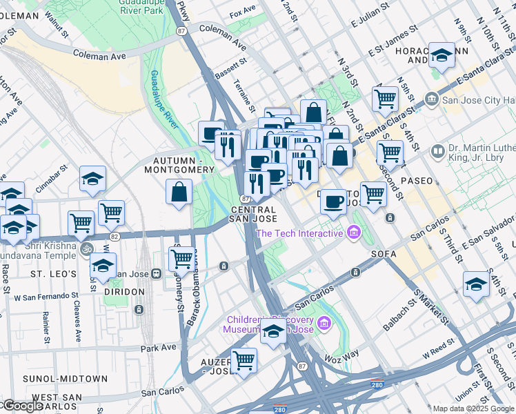 map of restaurants, bars, coffee shops, grocery stores, and more near 350 West Santa Clara Street in San Jose