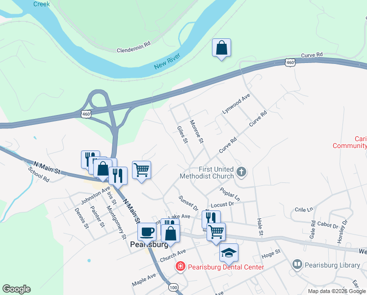 map of restaurants, bars, coffee shops, grocery stores, and more near 508 Giles St in Pearisburg