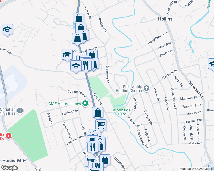 map of restaurants, bars, coffee shops, grocery stores, and more near 6343 Greenway Drive in Hollins