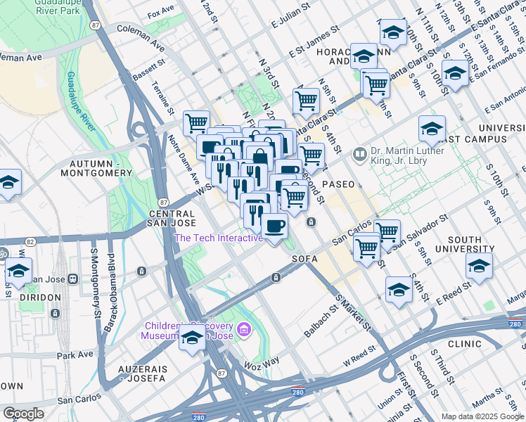 map of restaurants, bars, coffee shops, grocery stores, and more near 115 South Market Street in San Jose