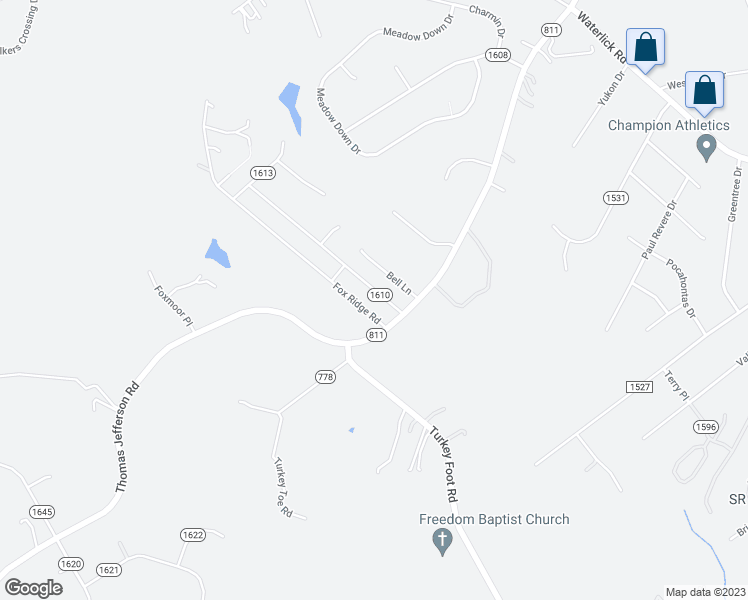 map of restaurants, bars, coffee shops, grocery stores, and more near 106 Shady Oak Lane in Forest