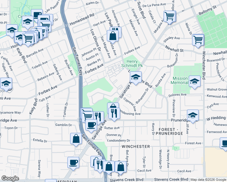 map of restaurants, bars, coffee shops, grocery stores, and more near 2403 Golf Links Circle in Santa Clara