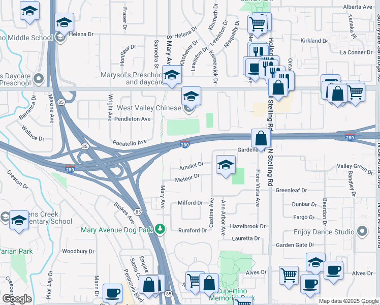 map of restaurants, bars, coffee shops, grocery stores, and more near 10715 Grapnel Place in Cupertino