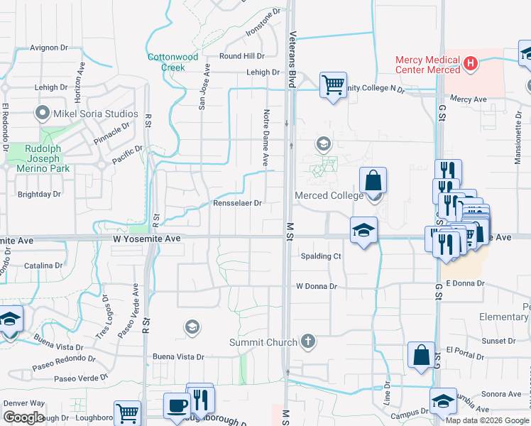 map of restaurants, bars, coffee shops, grocery stores, and more near 702 Rensselaer Drive in Merced