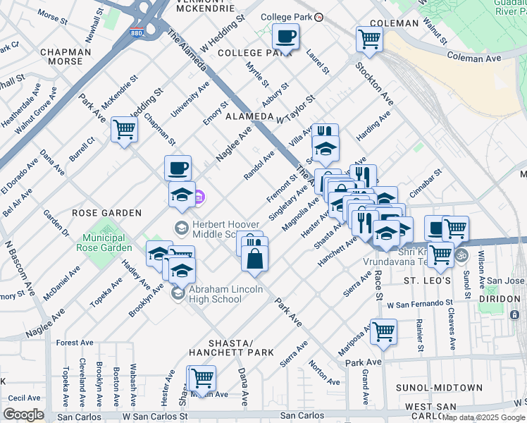 map of restaurants, bars, coffee shops, grocery stores, and more near 1238 Fremont Street in San Jose