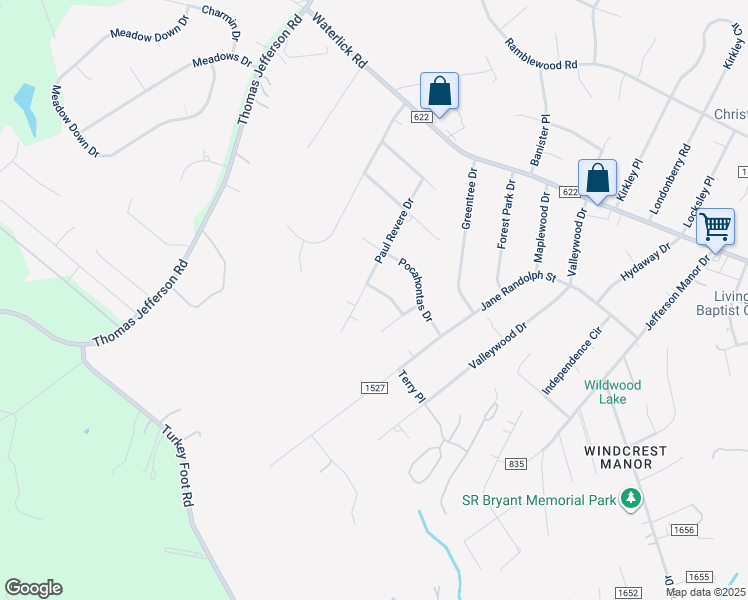 map of restaurants, bars, coffee shops, grocery stores, and more near 203 Powhatan Drive in Forest