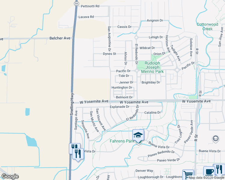 map of restaurants, bars, coffee shops, grocery stores, and more near 3677 Del Mar Avenue in Merced