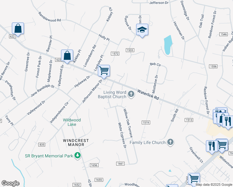 map of restaurants, bars, coffee shops, grocery stores, and more near 115 Cedar Haven Court in Forest