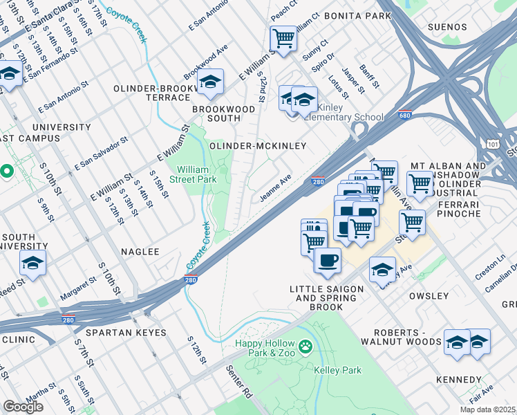 map of restaurants, bars, coffee shops, grocery stores, and more near 838 Jeanne Avenue in San Jose