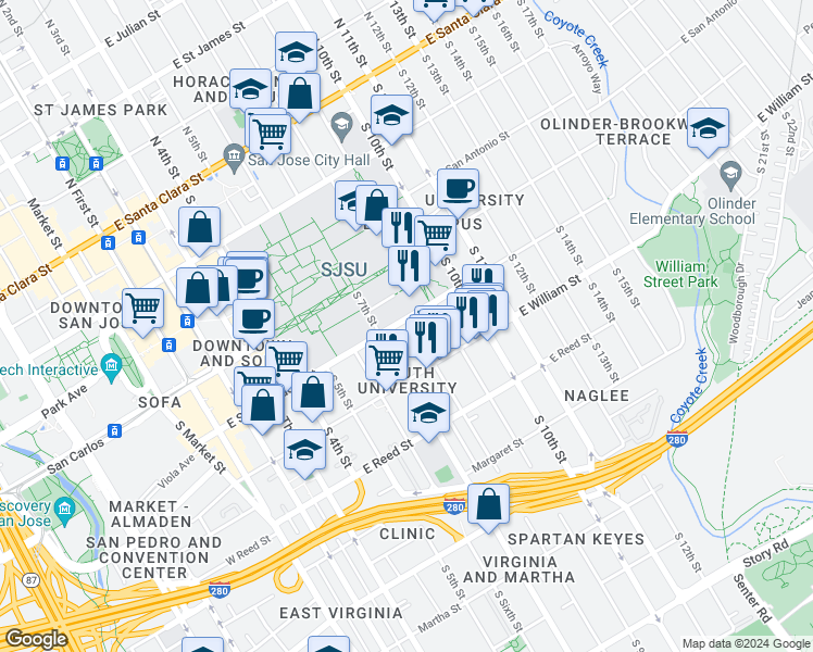 map of restaurants, bars, coffee shops, grocery stores, and more near 372 East San Salvador Street in San Jose