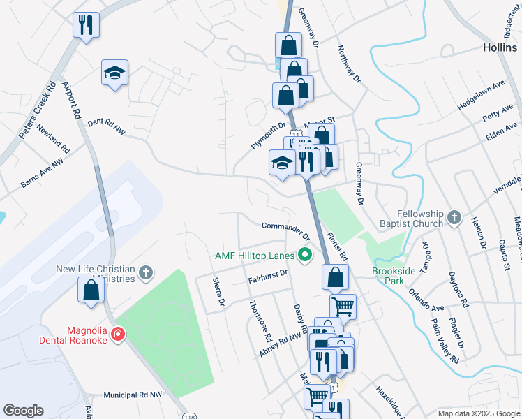 map of restaurants, bars, coffee shops, grocery stores, and more near 6160 Darby Road in Roanoke