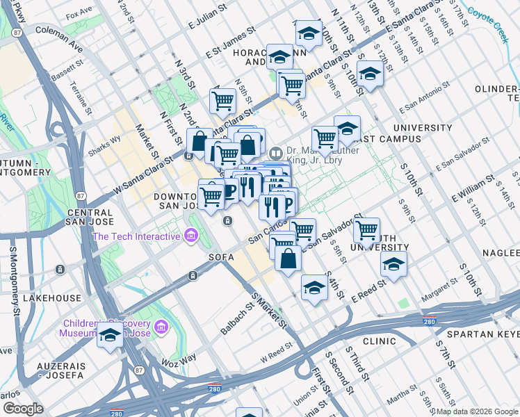 map of restaurants, bars, coffee shops, grocery stores, and more near 100 Paseo De San Antonio Walk in San Jose