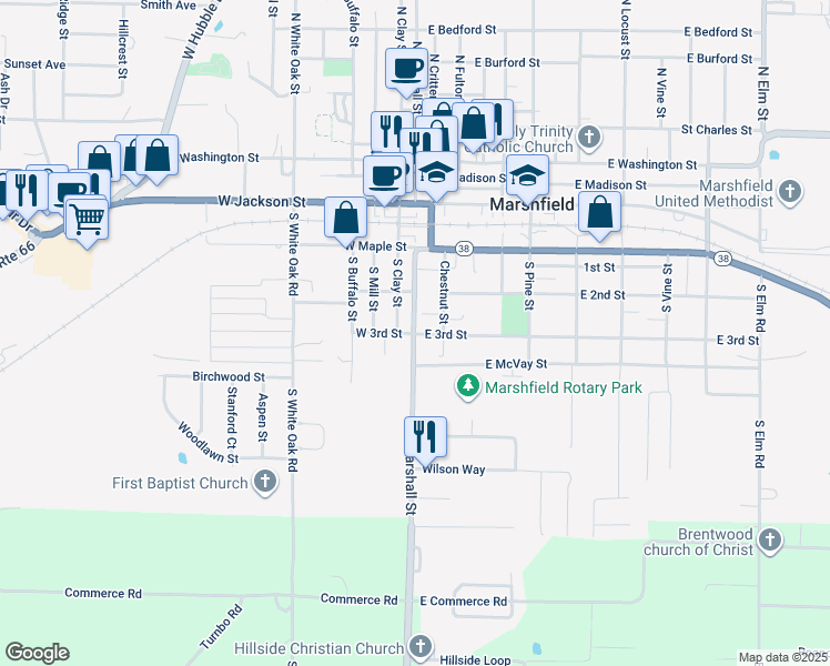 map of restaurants, bars, coffee shops, grocery stores, and more near 599 S Marshall St in Marshfield