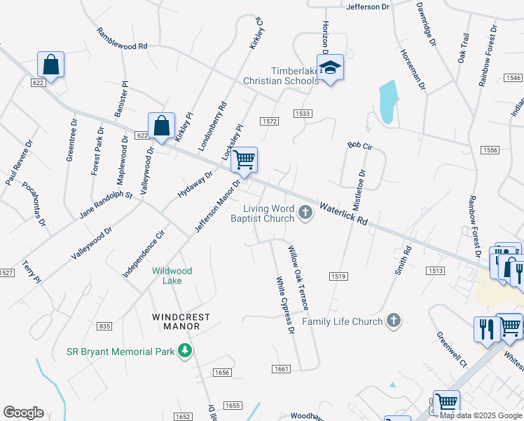 map of restaurants, bars, coffee shops, grocery stores, and more near 101 Moss Creek Drive in Forest