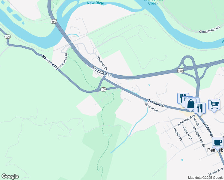 map of restaurants, bars, coffee shops, grocery stores, and more near 2181-2257 Narrows Road in Pearisburg