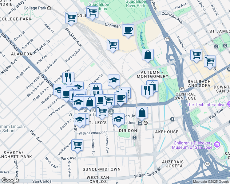 map of restaurants, bars, coffee shops, grocery stores, and more near 708 West Julian Street in San Jose