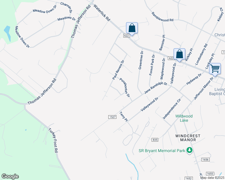 map of restaurants, bars, coffee shops, grocery stores, and more near 203 Powhatan Drive in Forest