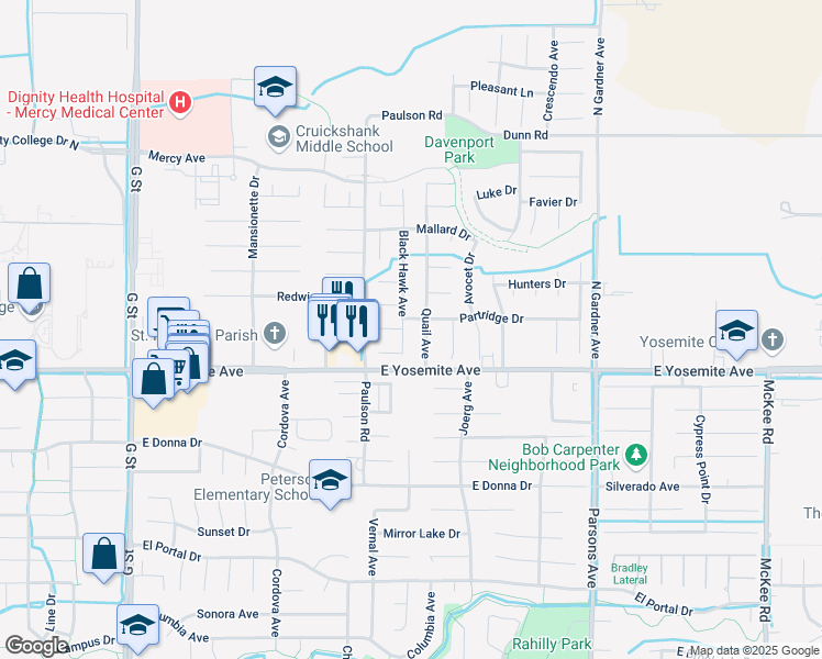 map of restaurants, bars, coffee shops, grocery stores, and more near 3680 Black Hawk Avenue in Merced