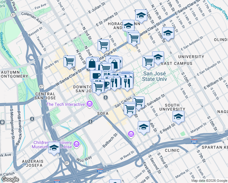 map of restaurants, bars, coffee shops, grocery stores, and more near 98 Paseo De San Antonio in San Jose