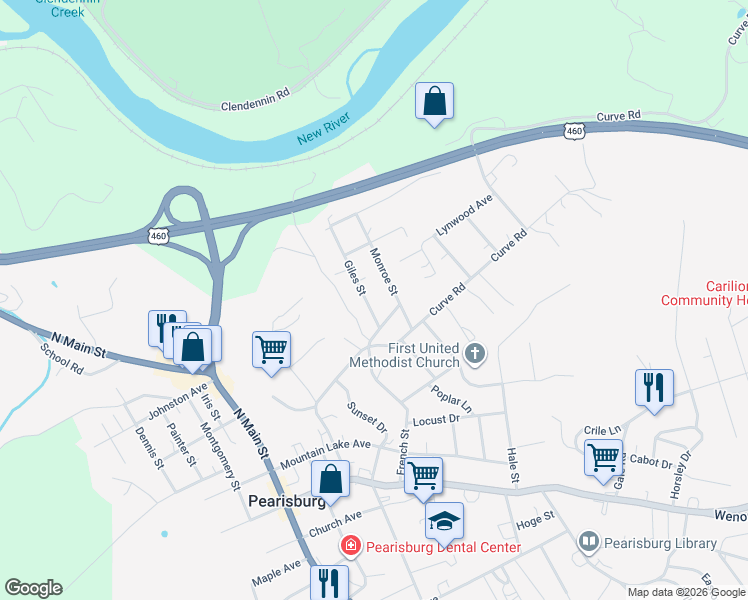 map of restaurants, bars, coffee shops, grocery stores, and more near 508 Giles St in Pearisburg