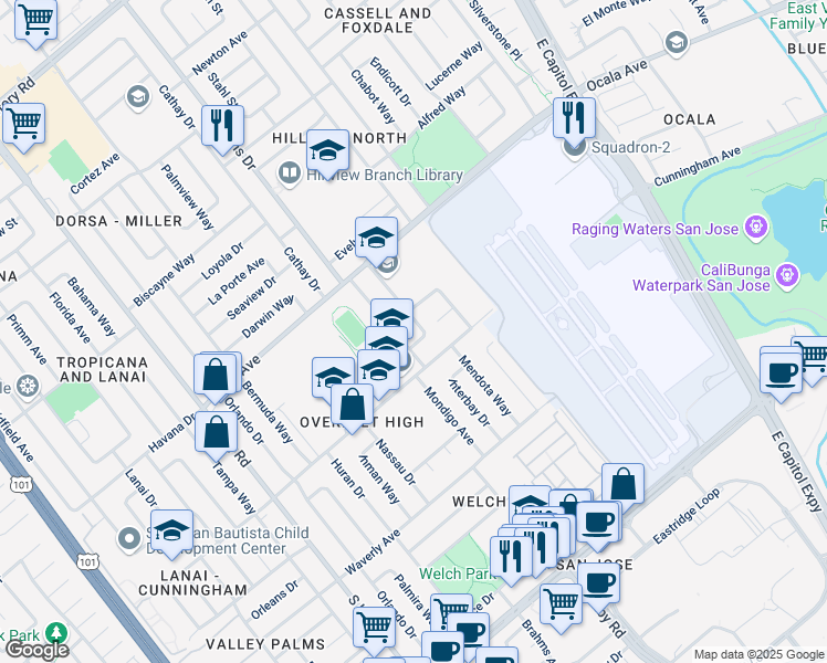 map of restaurants, bars, coffee shops, grocery stores, and more near 1914 Winterpark Way in San Jose