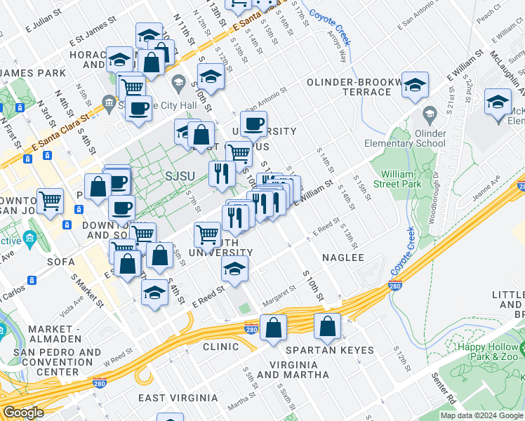 map of restaurants, bars, coffee shops, grocery stores, and more near 448 South 9th Street in San Jose