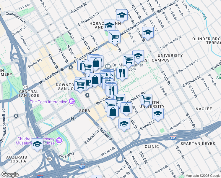map of restaurants, bars, coffee shops, grocery stores, and more near One Washington Street in San Jose