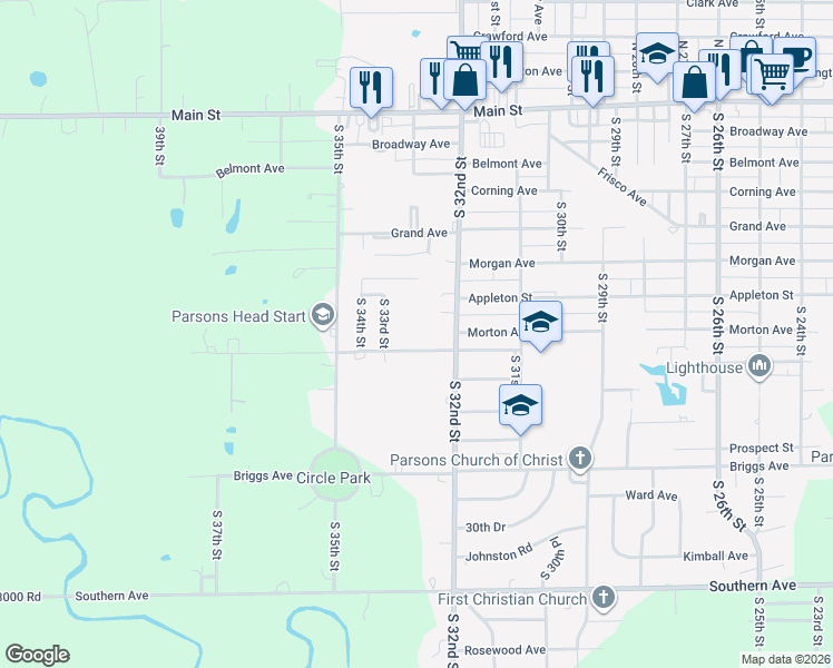 map of restaurants, bars, coffee shops, grocery stores, and more near 3201-3299 Mosher Rd in Parsons