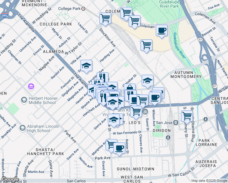map of restaurants, bars, coffee shops, grocery stores, and more near 1306 The Alameda in San Jose