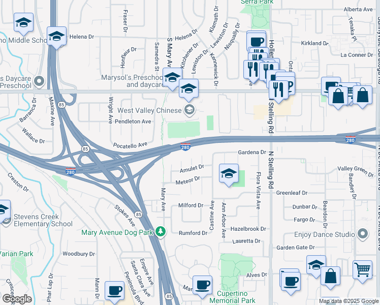 map of restaurants, bars, coffee shops, grocery stores, and more near 10715 Grapnel Place in Cupertino