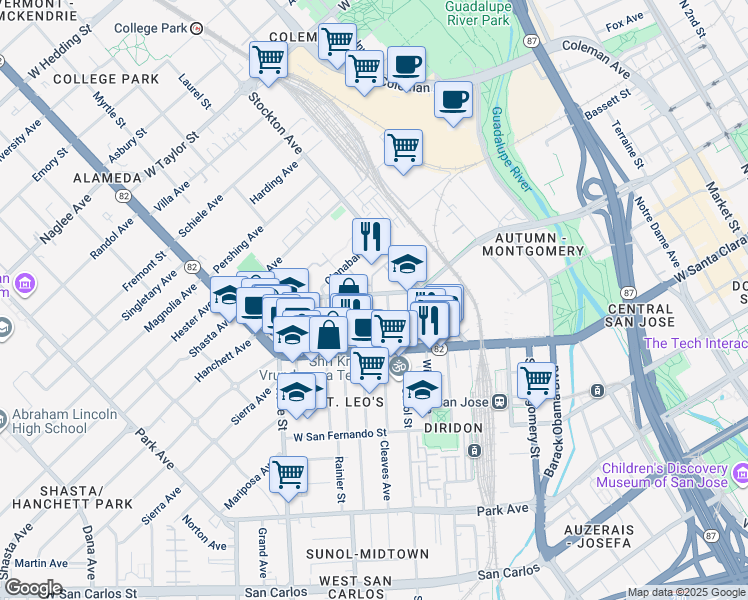 map of restaurants, bars, coffee shops, grocery stores, and more near 920 West Julian Street in San Jose