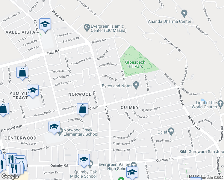 map of restaurants, bars, coffee shops, grocery stores, and more near 2863 Cedardale Court in San Jose