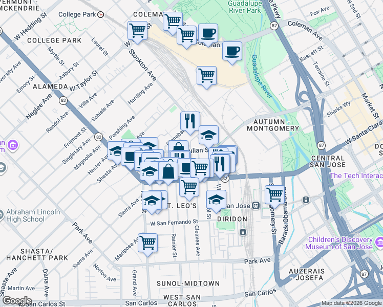 map of restaurants, bars, coffee shops, grocery stores, and more near 920 West Julian Street in San Jose