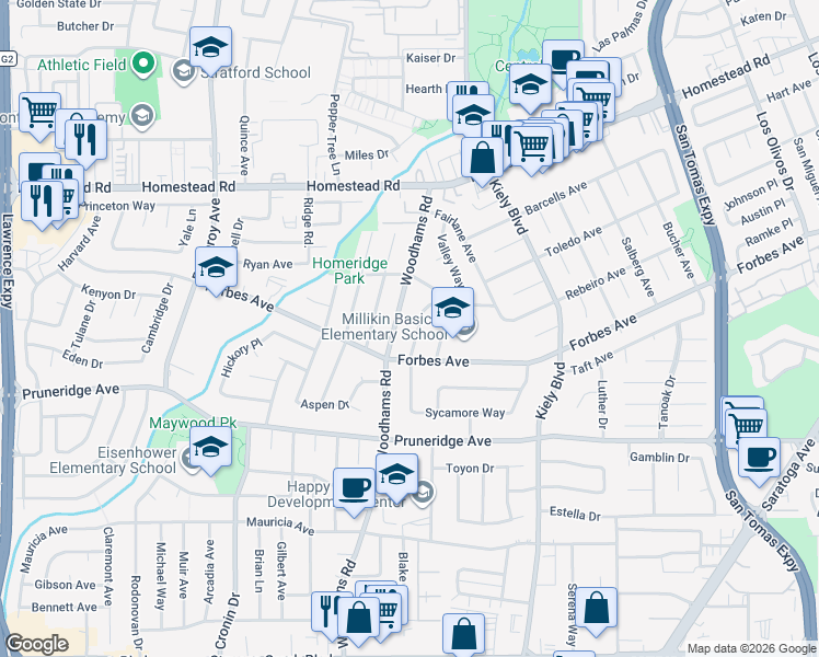 map of restaurants, bars, coffee shops, grocery stores, and more near 618 Bancroft Street in Santa Clara
