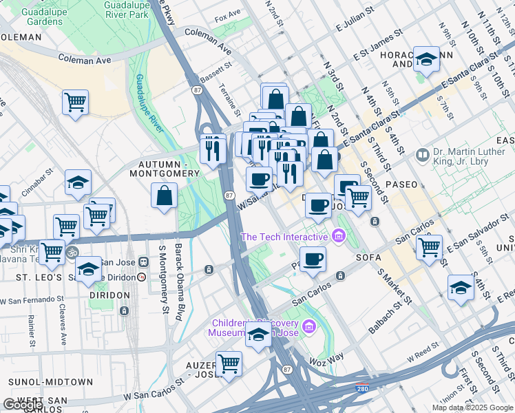 map of restaurants, bars, coffee shops, grocery stores, and more near 334 West Santa Clara Street in San Jose