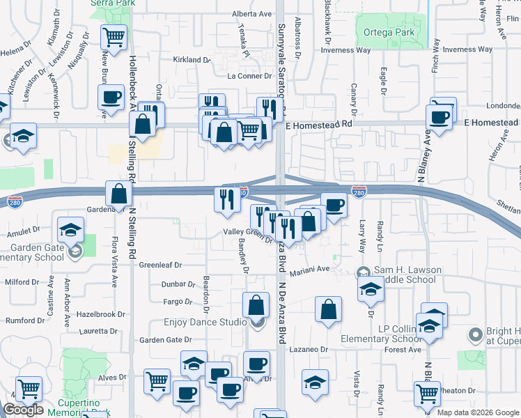 map of restaurants, bars, coffee shops, grocery stores, and more near 10745 North De Anza Boulevard in Cupertino