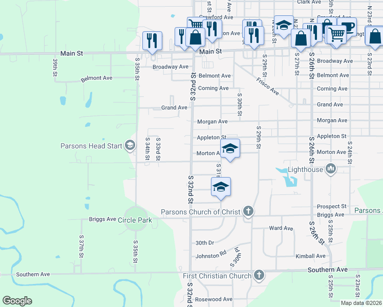 map of restaurants, bars, coffee shops, grocery stores, and more near 719 South 32nd Street in Parsons