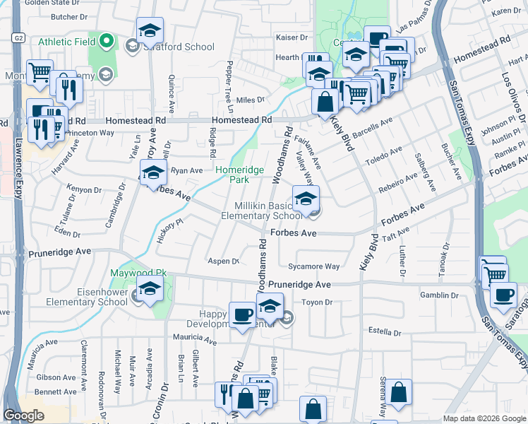 map of restaurants, bars, coffee shops, grocery stores, and more near 618 Bancroft Street in Santa Clara