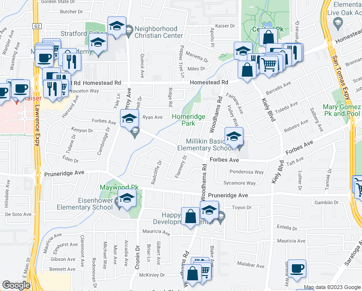 map of restaurants, bars, coffee shops, grocery stores, and more near 625 Barto Street in Santa Clara