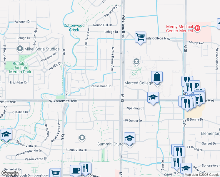 map of restaurants, bars, coffee shops, grocery stores, and more near 702 Rensselaer Drive in Merced