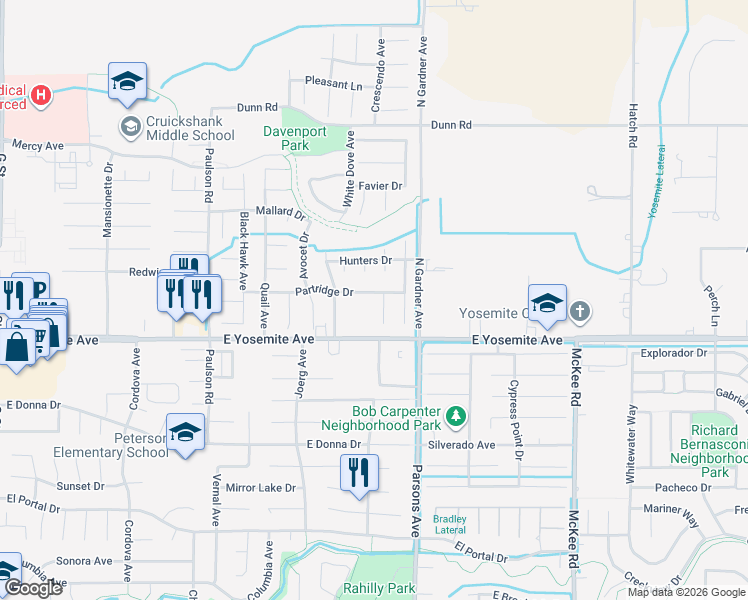 map of restaurants, bars, coffee shops, grocery stores, and more near 1510 Partridge Drive in Merced