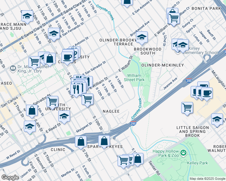 map of restaurants, bars, coffee shops, grocery stores, and more near 595 South 14th Street in San Jose