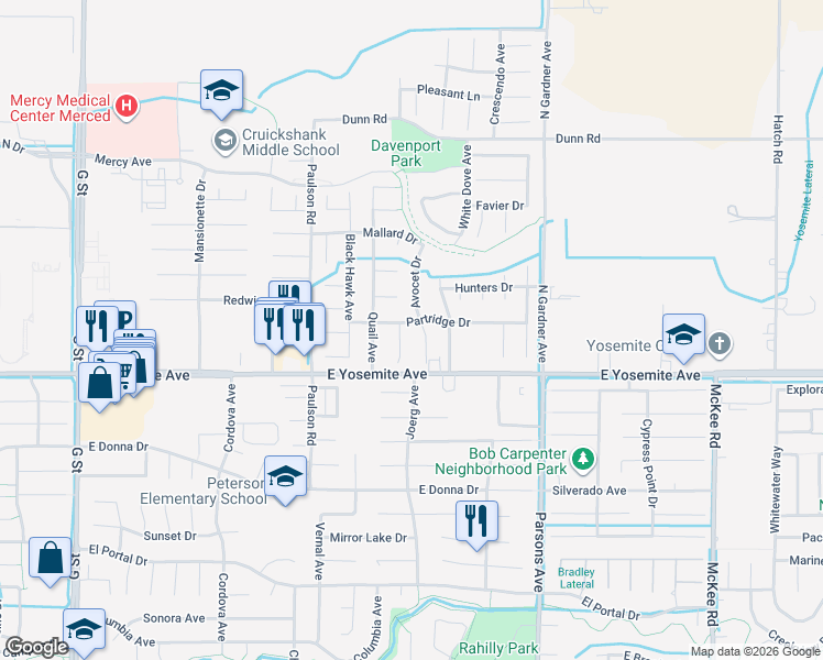 map of restaurants, bars, coffee shops, grocery stores, and more near 1188 Partridge Drive in Merced