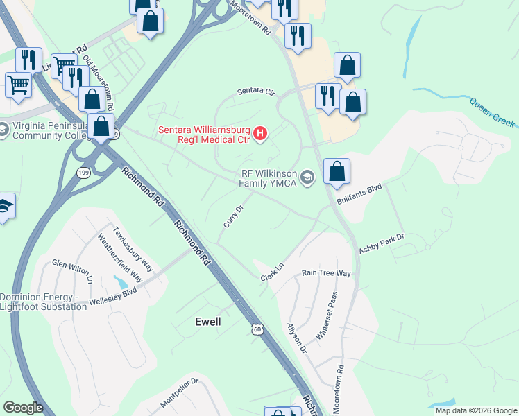 map of restaurants, bars, coffee shops, grocery stores, and more near 6195 Old Mooretown Road in Williamsburg