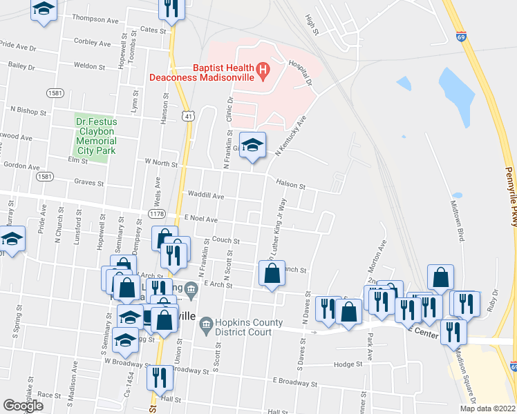 map of restaurants, bars, coffee shops, grocery stores, and more near 317-325 Townsend Court in Madisonville