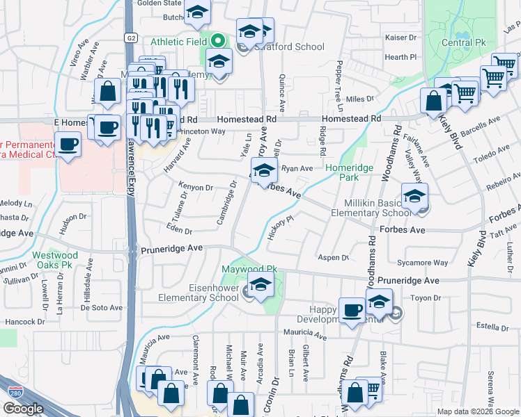 map of restaurants, bars, coffee shops, grocery stores, and more near 3200 Forbes Avenue in Santa Clara